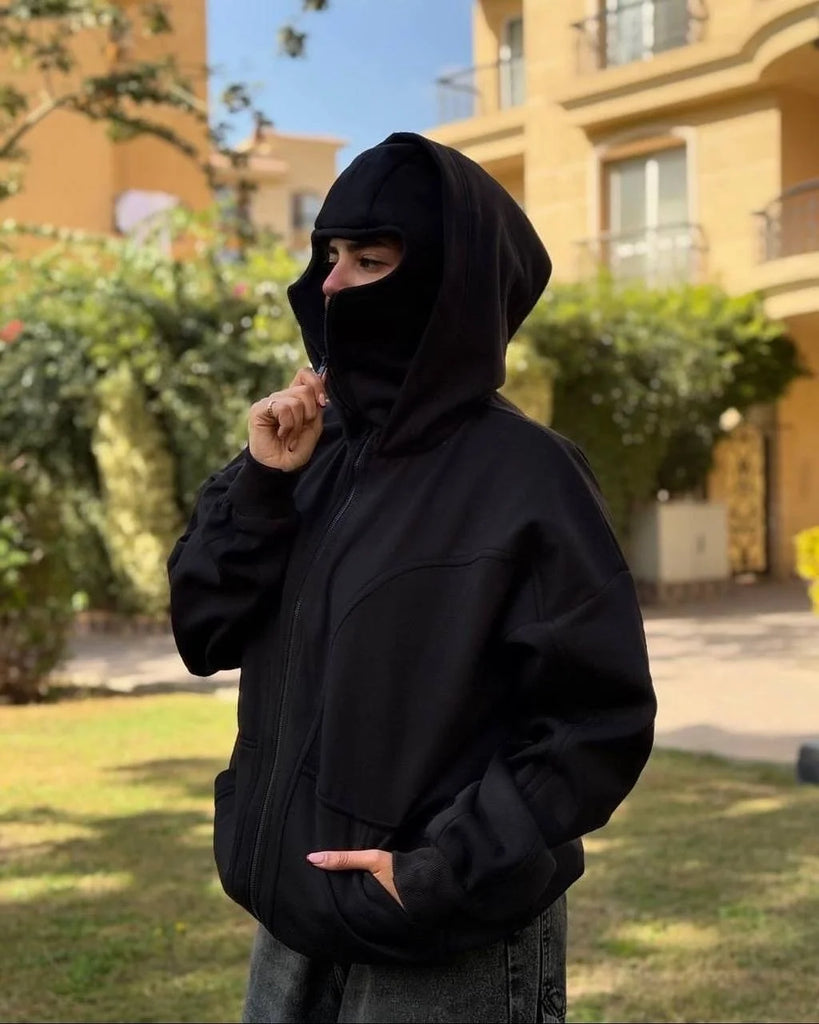 GHB Retro Balaclava Hoodie – Double-Layer Solid Color Winter Streetwear - Glamorize Hair & Beauty 