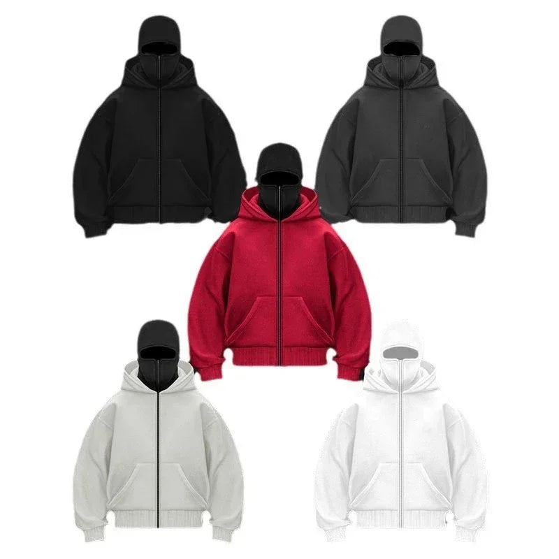 GHB Retro Balaclava Hoodie – Double-Layer Solid Color Winter Streetwear - Glamorize Hair & Beauty 