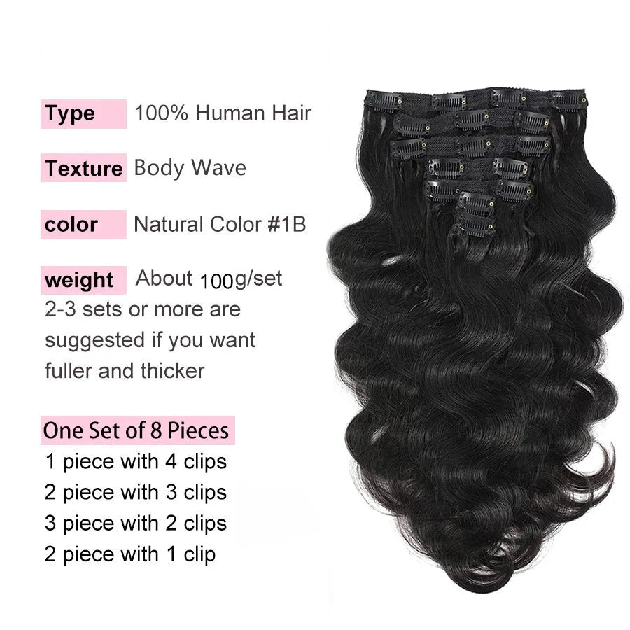 Body Wave Clip-In Human Hair Extensions – Full Head, 120g Brazilian Hair Set - Glamorize Hair & Beauty 