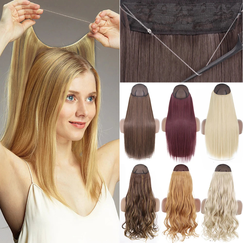 Invisible Wire Hair Extensions – One-Piece Synthetic Straight Hairpiece - Glamorize Hair & Beauty 